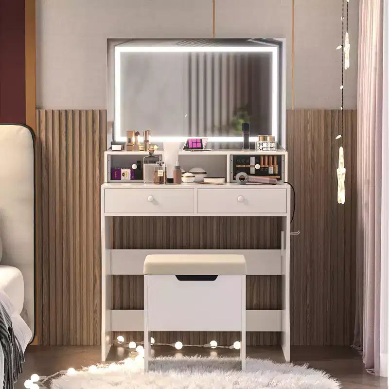 Coiffeuse avec miroir lumineux LED et prise électrique, table de maquillage avec 4 tiroirs et tabouret de rangement, 3 modes d'éclairage réglables pour chambre à coucher