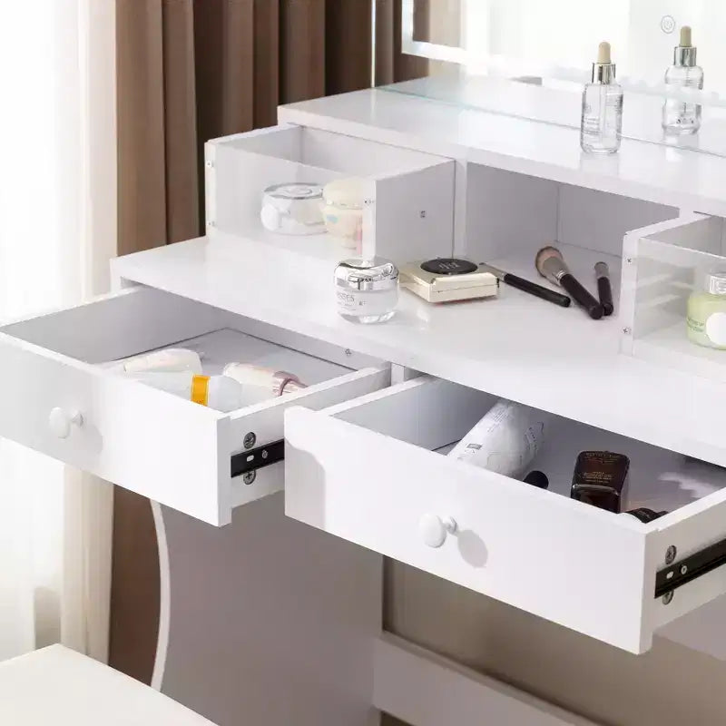 Coiffeuse avec miroir lumineux LED et prise électrique, table de maquillage avec 4 tiroirs et tabouret de rangement, 3 modes d'éclairage réglables pour chambre à coucher
