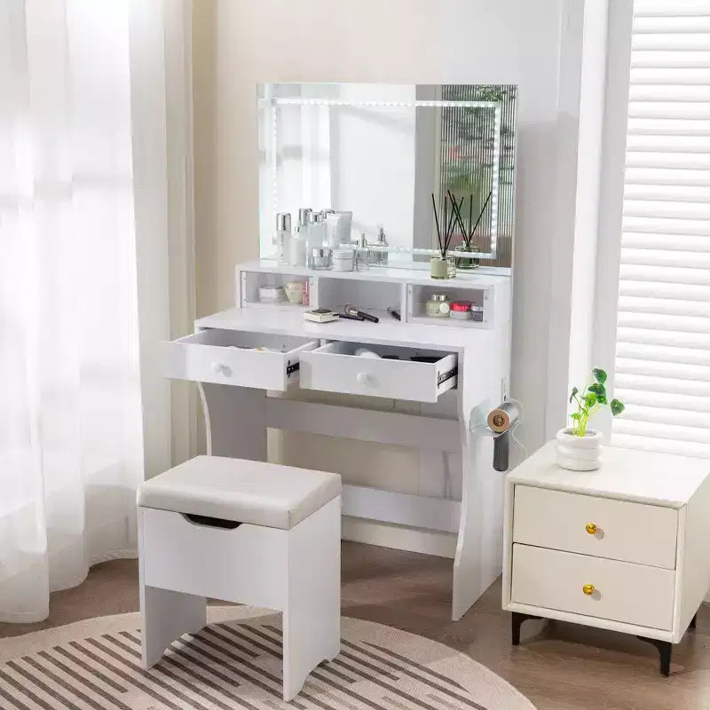 Coiffeuse avec miroir lumineux LED et prise électrique, table de maquillage avec 4 tiroirs et tabouret de rangement, 3 modes d'éclairage réglables pour chambre à coucher