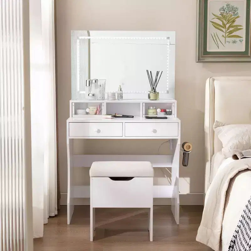 Coiffeuse avec miroir lumineux LED et prise électrique, table de maquillage avec 4 tiroirs et tabouret de rangement, 3 modes d'éclairage réglables pour chambre à coucher