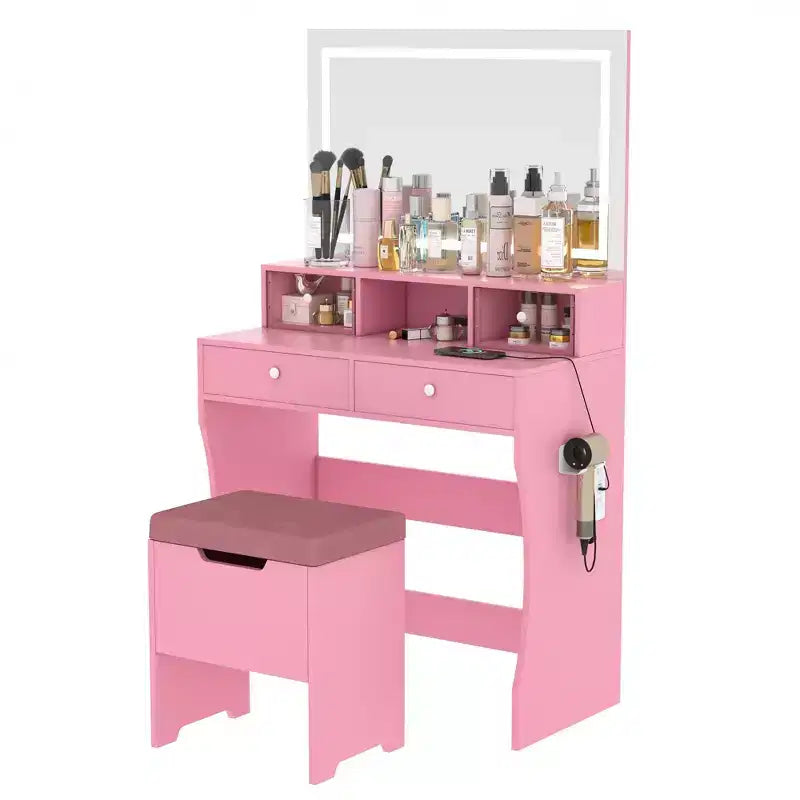 Coiffeuse avec miroir lumineux LED et prise électrique, table de maquillage avec 4 tiroirs et tabouret de rangement, 3 modes d'éclairage réglables pour chambre à coucher