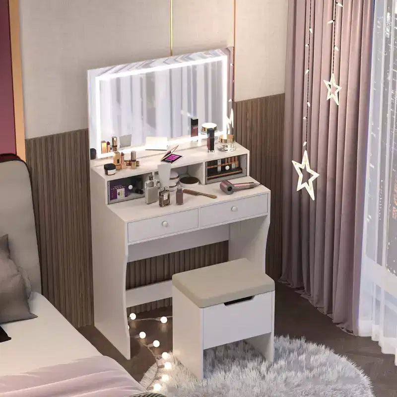 Coiffeuse avec miroir lumineux LED et prise électrique, table de maquillage avec 4 tiroirs et tabouret de rangement, 3 modes d'éclairage réglables pour chambre à coucher