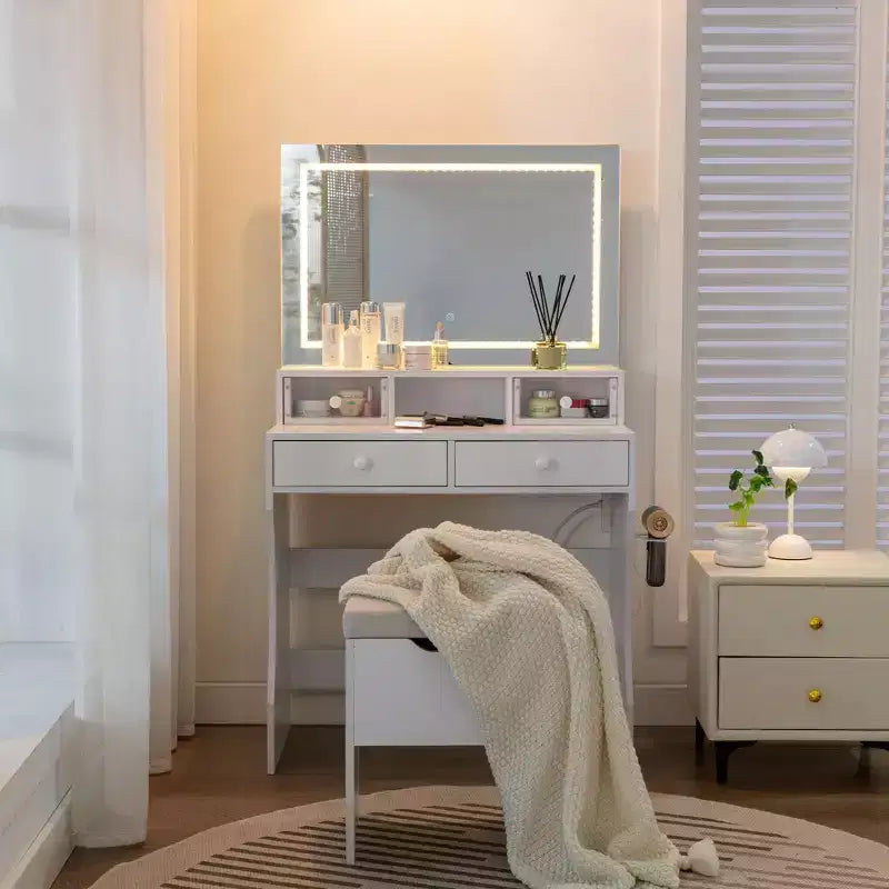 Coiffeuse avec miroir lumineux LED et prise électrique, table de maquillage avec 4 tiroirs et tabouret de rangement, 3 modes d'éclairage réglables pour chambre à coucher