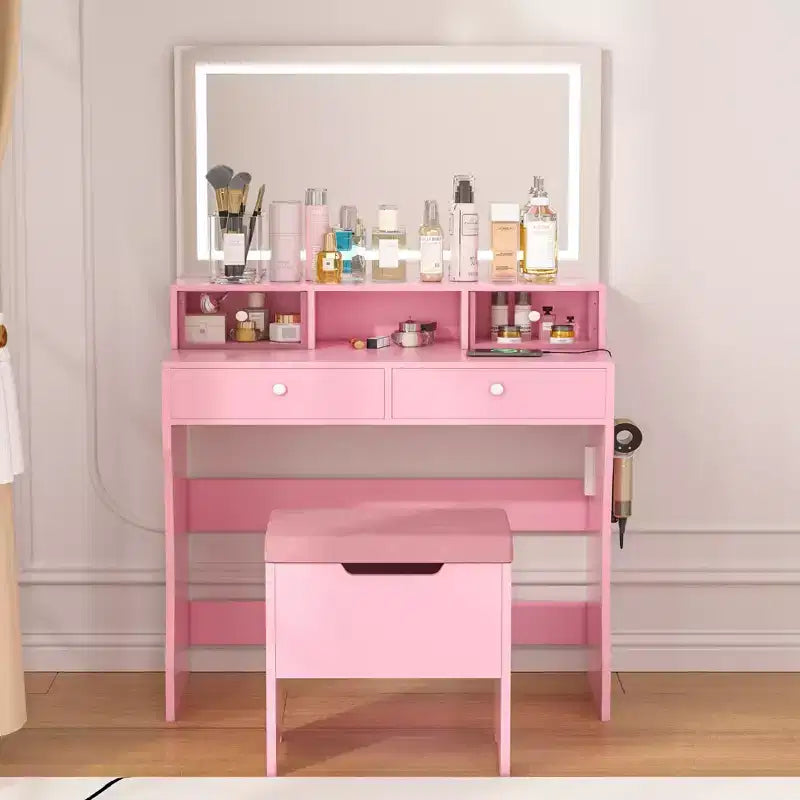 Coiffeuse avec miroir lumineux LED et prise électrique, table de maquillage avec 4 tiroirs et tabouret de rangement, 3 modes d'éclairage réglables pour chambre à coucher