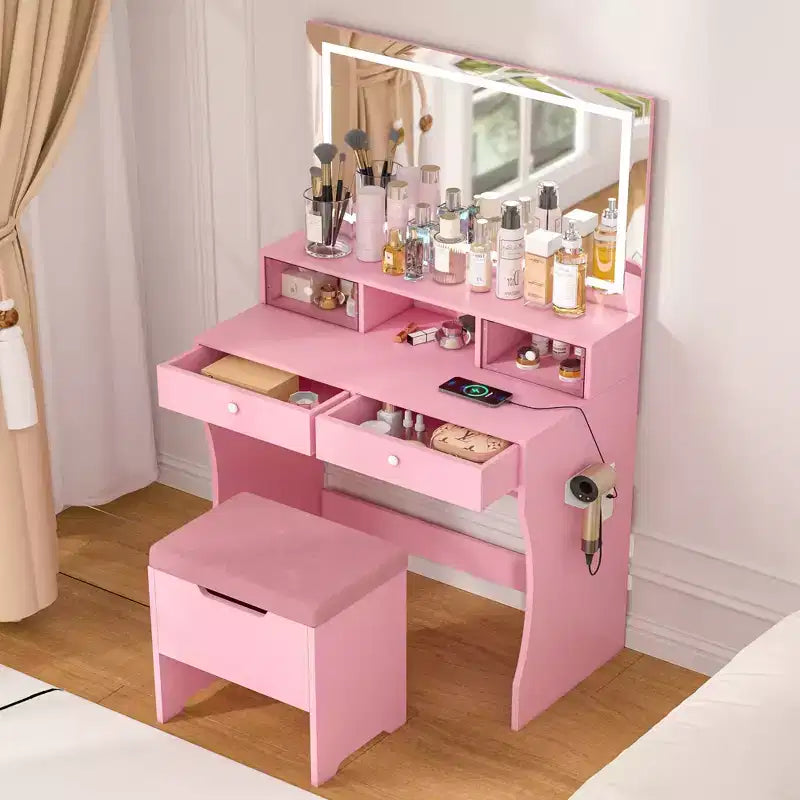 Coiffeuse avec miroir lumineux LED et prise électrique, table de maquillage avec 4 tiroirs et tabouret de rangement, 3 modes d'éclairage réglables pour chambre à coucher