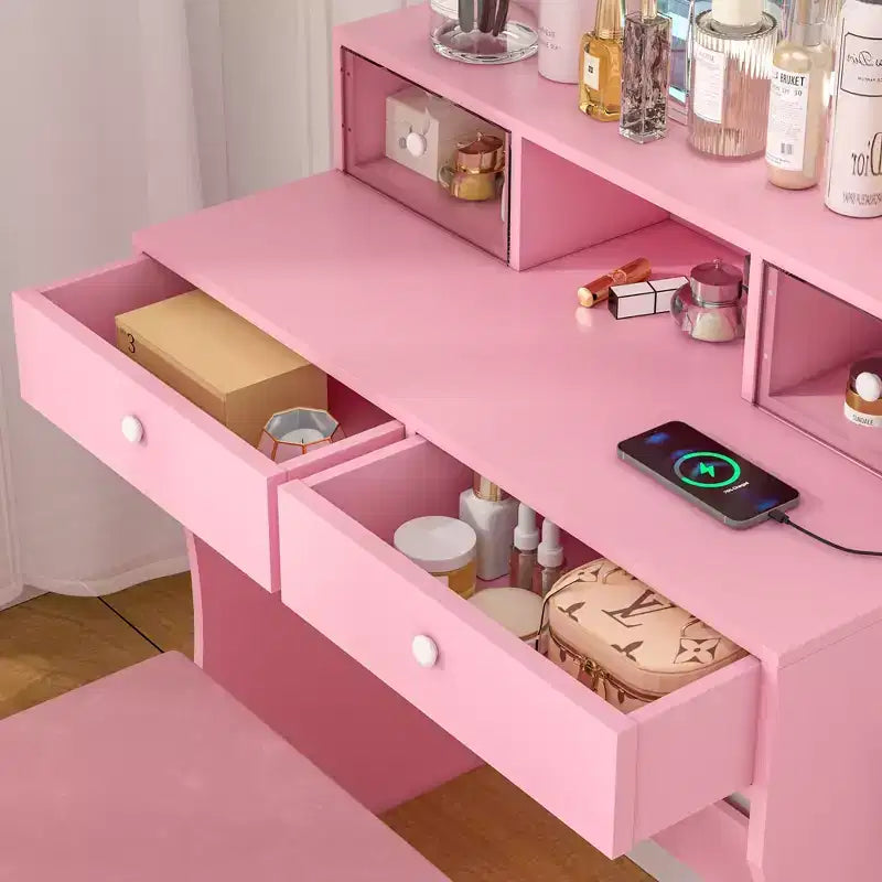 Coiffeuse avec miroir lumineux LED et prise électrique, table de maquillage avec 4 tiroirs et tabouret de rangement, 3 modes d'éclairage réglables pour chambre à coucher