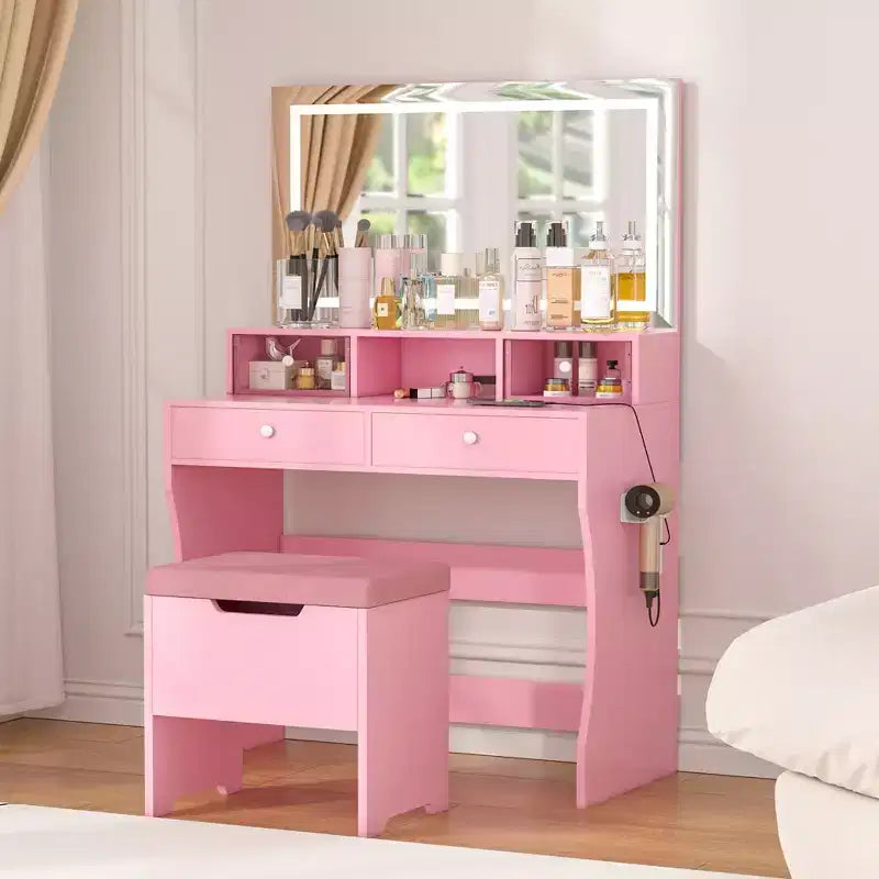 Coiffeuse avec miroir lumineux LED et prise électrique, table de maquillage avec 4 tiroirs et tabouret de rangement, 3 modes d'éclairage réglables pour chambre à coucher