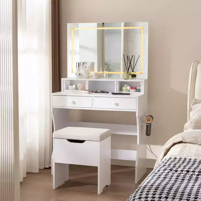 Coiffeuse avec miroir lumineux LED et prise électrique, table de maquillage avec 4 tiroirs et tabouret de rangement, 3 modes d'éclairage réglables pour chambre à coucher