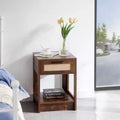 MAYEERTY Rattan End Table with Drawer, Modern Nightstand, Side Table for Living Room, Bedroom, Rustic Brown