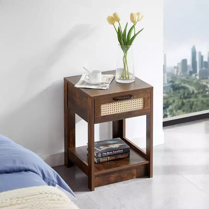 Table d'appoint en rotin avec tiroir, Table de chevet moderne, Table d'appoint pour salon, chambre à coucher, Brun rustique