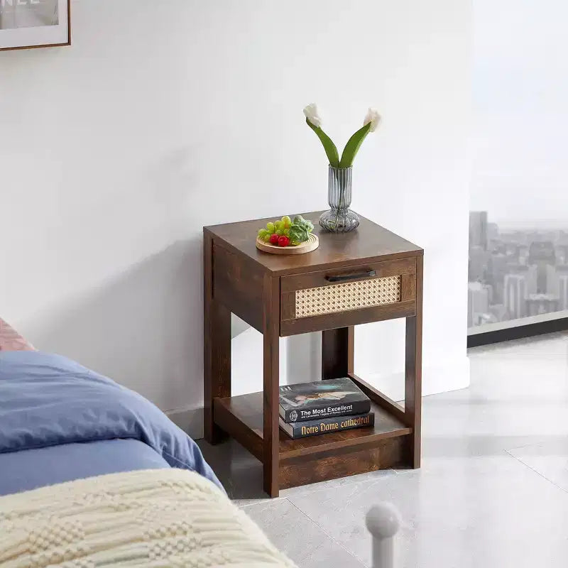 Table d'appoint en rotin avec tiroir, Table de chevet moderne, Table d'appoint pour salon, chambre à coucher, Brun rustique