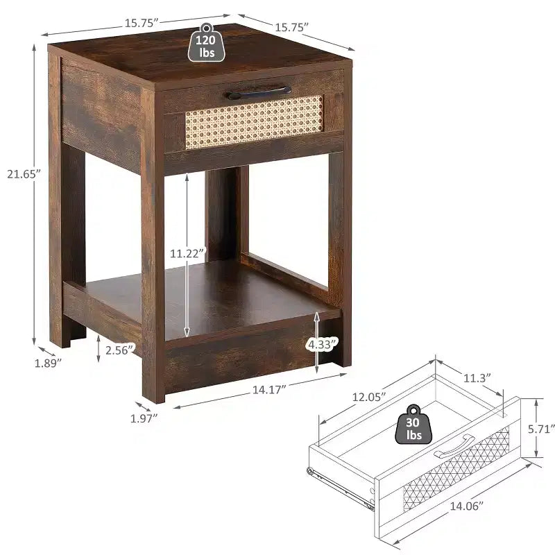 Table d'appoint en rotin avec tiroir, Table de chevet moderne, Table d'appoint pour salon, chambre à coucher, Brun rustique