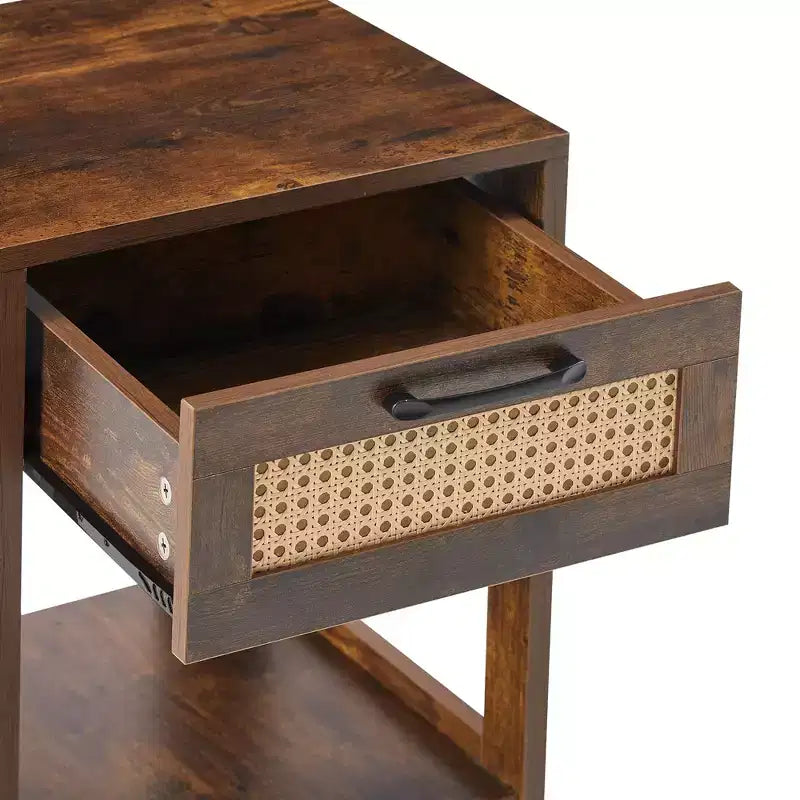 Table d'appoint en rotin avec tiroir, Table de chevet moderne, Table d'appoint pour salon, chambre à coucher, Brun rustique