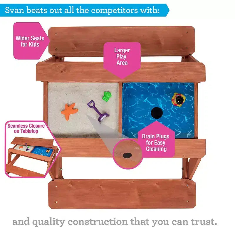 Table d'activités convertible tout-en-un Svan Kids pour l'intérieur/extérieur (pique-nique, sable et eau) avec plateau amovible (109 x 89 x 48 cm) en 100 % bois