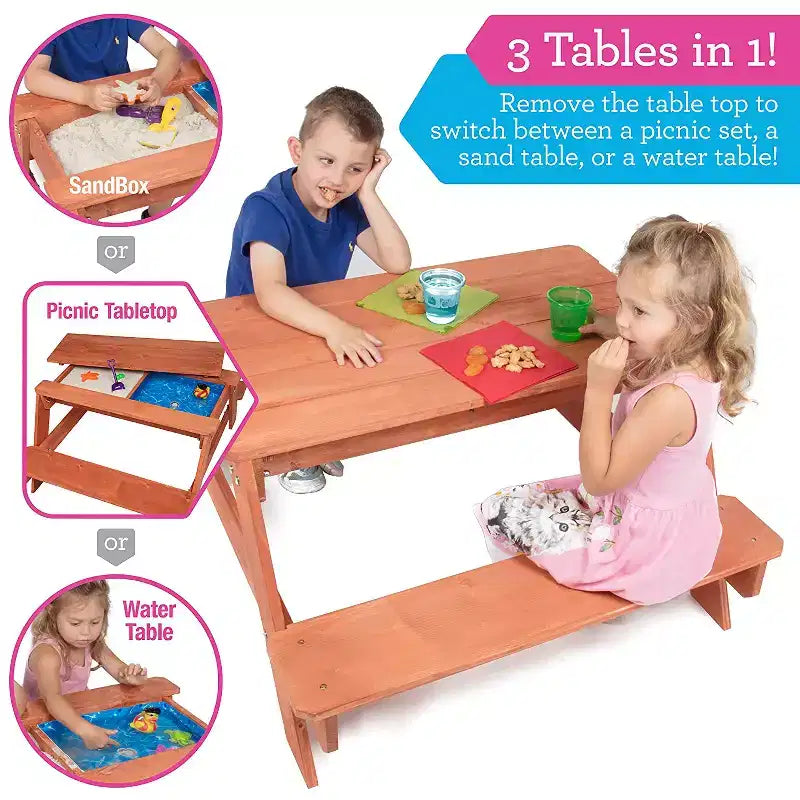 Table d'activités convertible tout-en-un Svan Kids pour l'intérieur/extérieur (pique-nique, sable et eau) avec plateau amovible (109 x 89 x 48 cm) en 100 % bois