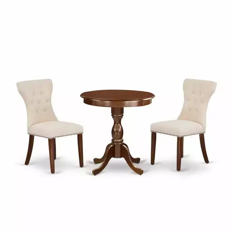 Table à manger ronde en bois, finition acajou