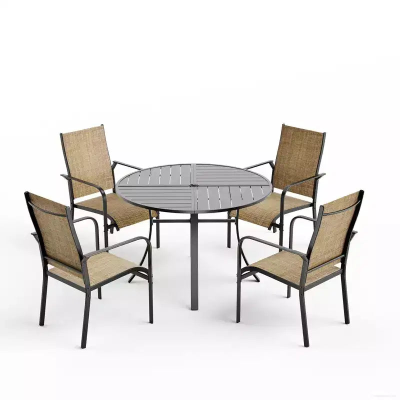 Ensemble de salle à manger de patio EROMMY 5 pièces, table et chaises d'extérieur pour 4 personnes, 4 chaises en textilène, 1 table ronde en fer avec trou pour parasol réglable