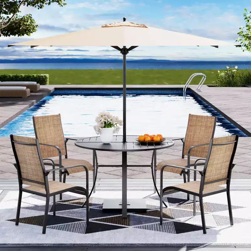 Ensemble de salle à manger de patio EROMMY 5 pièces, table et chaises d'extérieur pour 4 personnes, 4 chaises en textilène, 1 table ronde en fer avec trou pour parasol réglable
