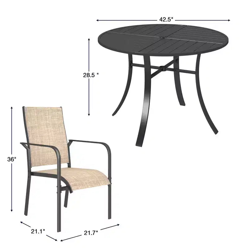 Ensemble de salle à manger de patio EROMMY 5 pièces, table et chaises d'extérieur pour 4 personnes, 4 chaises en textilène, 1 table ronde en fer avec trou pour parasol réglable