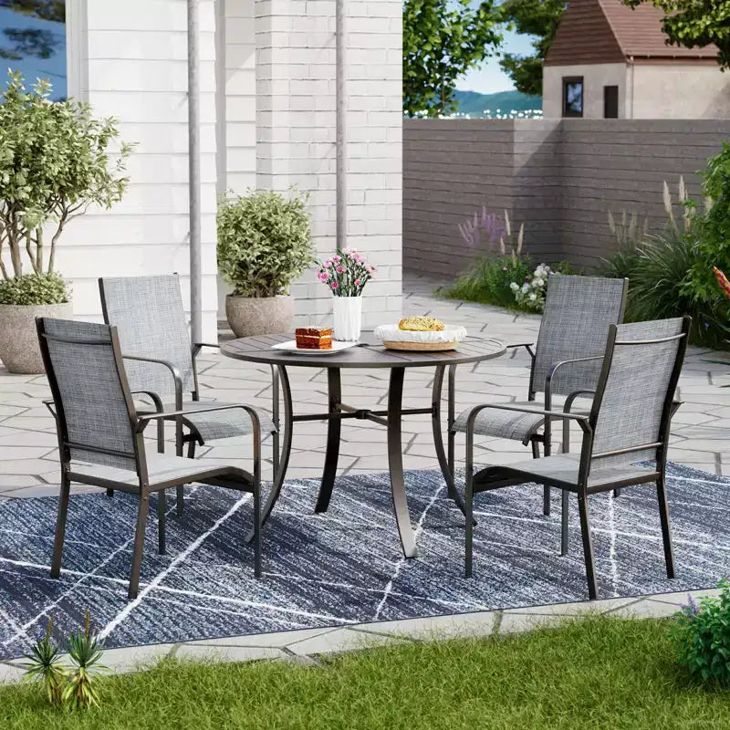 Ensemble de salle à manger de patio EROMMY 5 pièces, table et chaises d'extérieur pour 4 personnes, 4 chaises en textilène, 1 table ronde en fer avec trou pour parasol réglable
