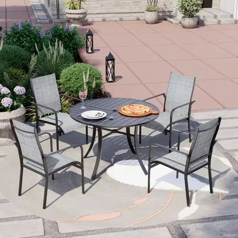 Ensemble de salle à manger de patio EROMMY 5 pièces, table et chaises d'extérieur pour 4 personnes, 4 chaises en textilène, 1 table ronde en fer avec trou pour parasol réglable