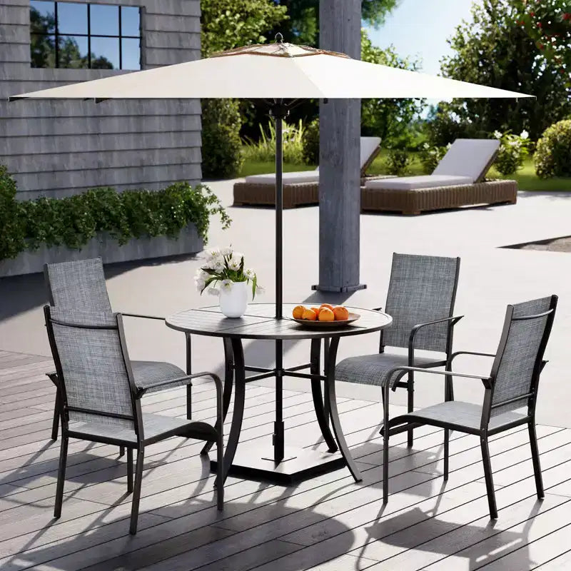 Ensemble de salle à manger de patio EROMMY 5 pièces, table et chaises d'extérieur pour 4 personnes, 4 chaises en textilène, 1 table ronde en fer avec trou pour parasol réglable