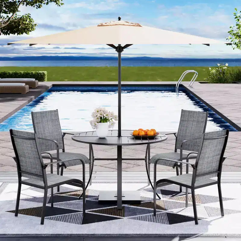 Ensemble de salle à manger de patio EROMMY 5 pièces, table et chaises d'extérieur pour 4 personnes, 4 chaises en textilène, 1 table ronde en fer avec trou pour parasol réglable