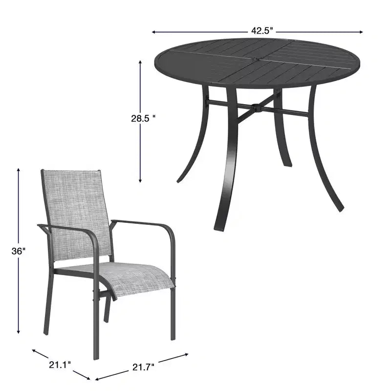 Ensemble de salle à manger de patio EROMMY 5 pièces, table et chaises d'extérieur pour 4 personnes, 4 chaises en textilène, 1 table ronde en fer avec trou pour parasol réglable