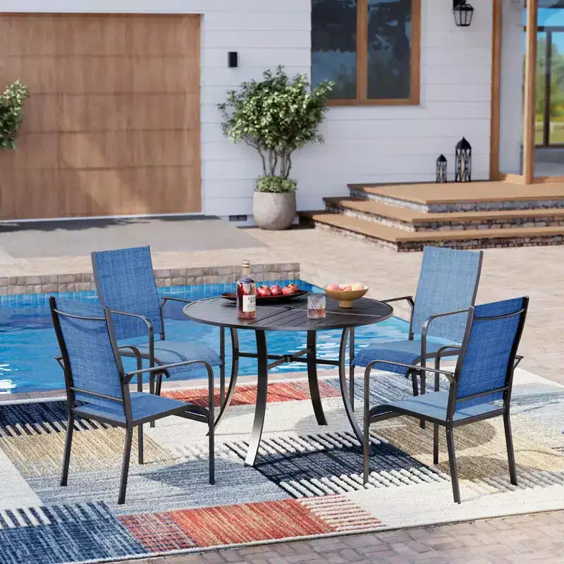 Ensemble de salle à manger de patio EROMMY 5 pièces, table et chaises d'extérieur pour 4 personnes, 4 chaises en textilène, 1 table ronde en fer avec trou pour parasol réglable