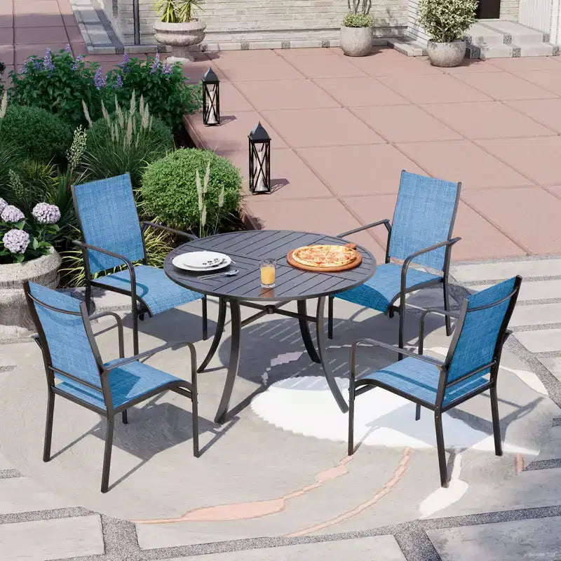 Ensemble de salle à manger de patio EROMMY 5 pièces, table et chaises d'extérieur pour 4 personnes, 4 chaises en textilène, 1 table ronde en fer avec trou pour parasol réglable