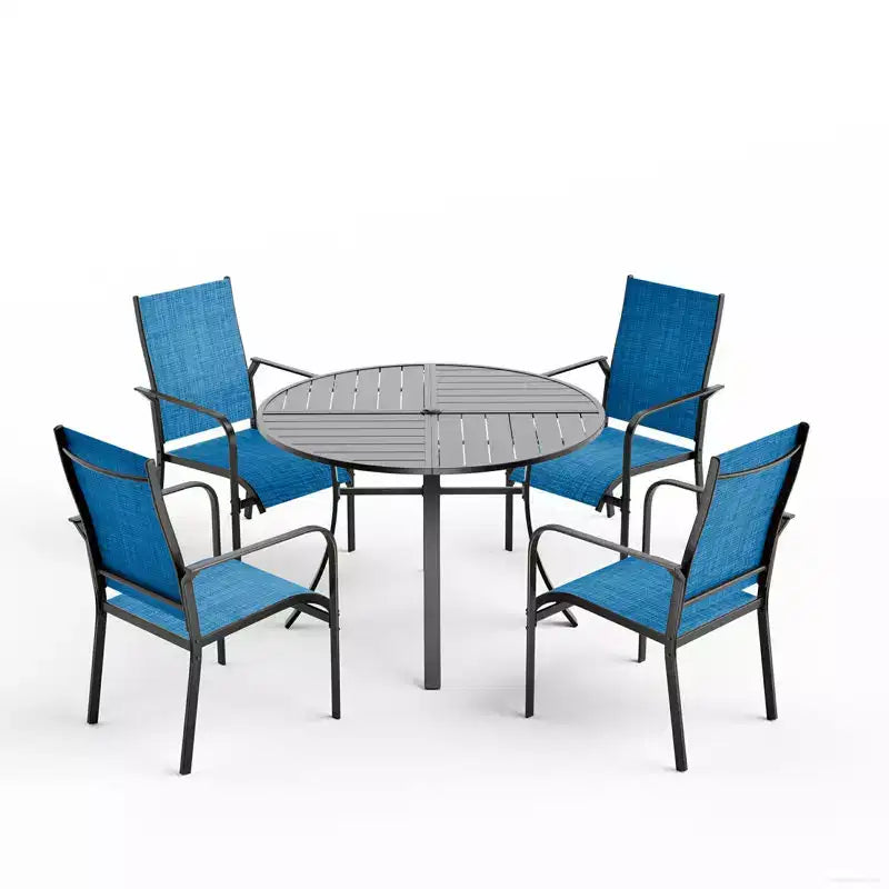 Ensemble de salle à manger de patio EROMMY 5 pièces, table et chaises d'extérieur pour 4 personnes, 4 chaises en textilène, 1 table ronde en fer avec trou pour parasol réglable