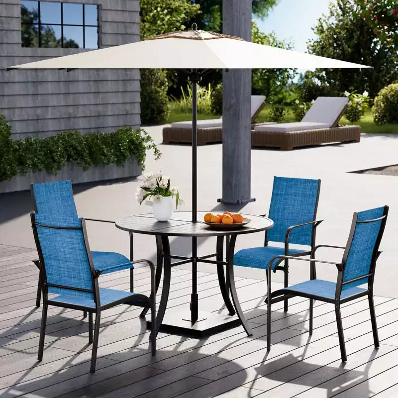 Ensemble de salle à manger de patio EROMMY 5 pièces, table et chaises d'extérieur pour 4 personnes, 4 chaises en textilène, 1 table ronde en fer avec trou pour parasol réglable