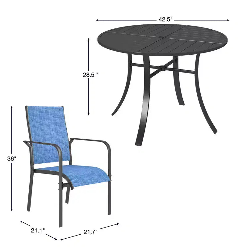 Ensemble de salle à manger de patio EROMMY 5 pièces, table et chaises d'extérieur pour 4 personnes, 4 chaises en textilène, 1 table ronde en fer avec trou pour parasol réglable