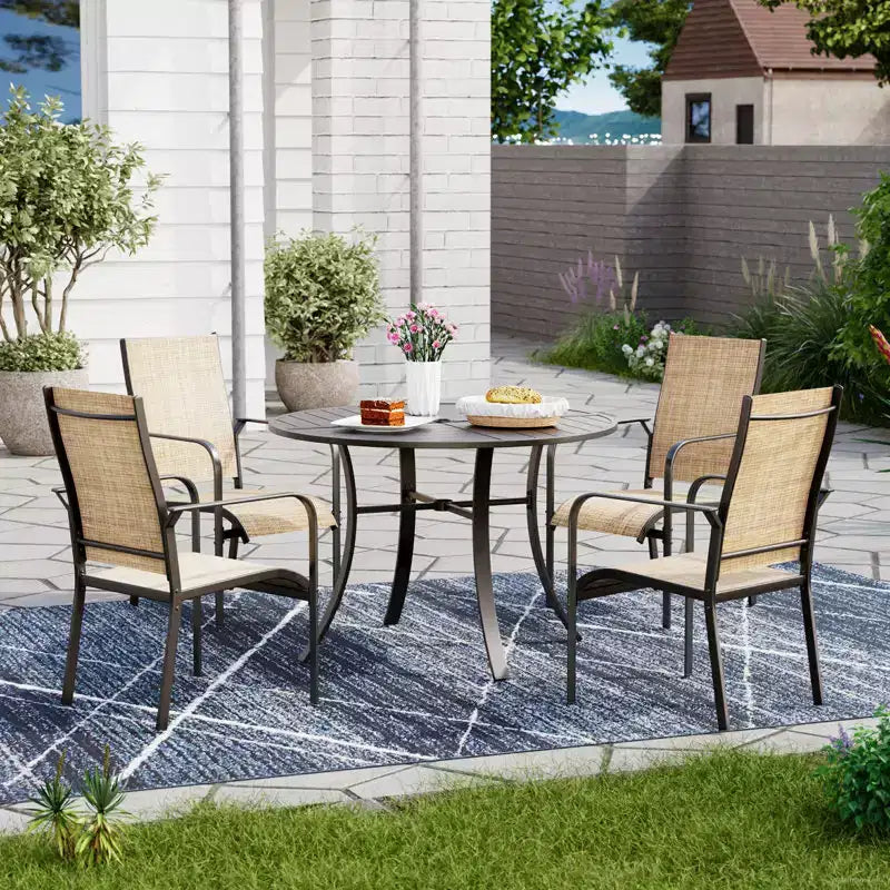 Ensemble de salle à manger de patio EROMMY 5 pièces, table et chaises d'extérieur pour 4 personnes, 4 chaises en textilène, 1 table ronde en fer avec trou pour parasol réglable