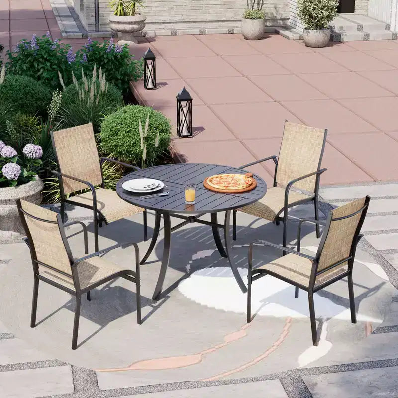 Ensemble de salle à manger de patio EROMMY 5 pièces, table et chaises d'extérieur pour 4 personnes, 4 chaises en textilène, 1 table ronde en fer avec trou pour parasol réglable