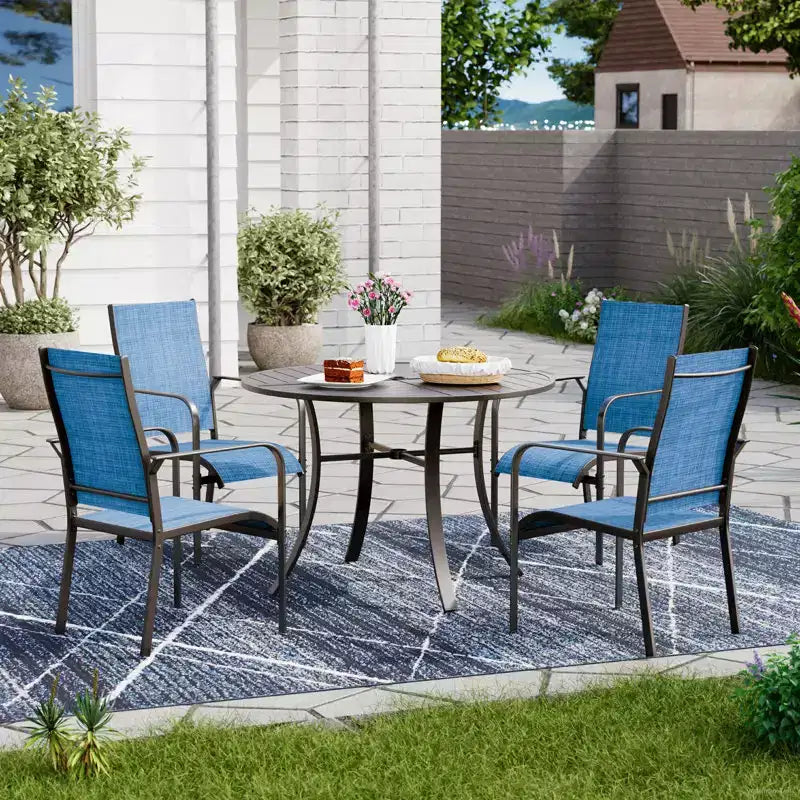 Ensemble de salle à manger de patio EROMMY 5 pièces, table et chaises d'extérieur pour 4 personnes, 4 chaises en textilène, 1 table ronde en fer avec trou pour parasol réglable