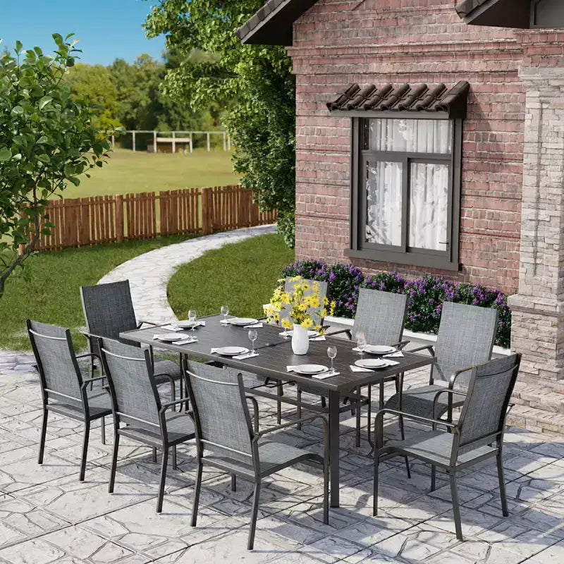 EROMMY Salon de Jardin 9 Pièces, Ensemble Table et Chaises d'Extérieur pour 8 Personnes, 8 Chaises en Textilène, 1 Table Rectangulaire en Fer avec Trou de Parasol Réglable