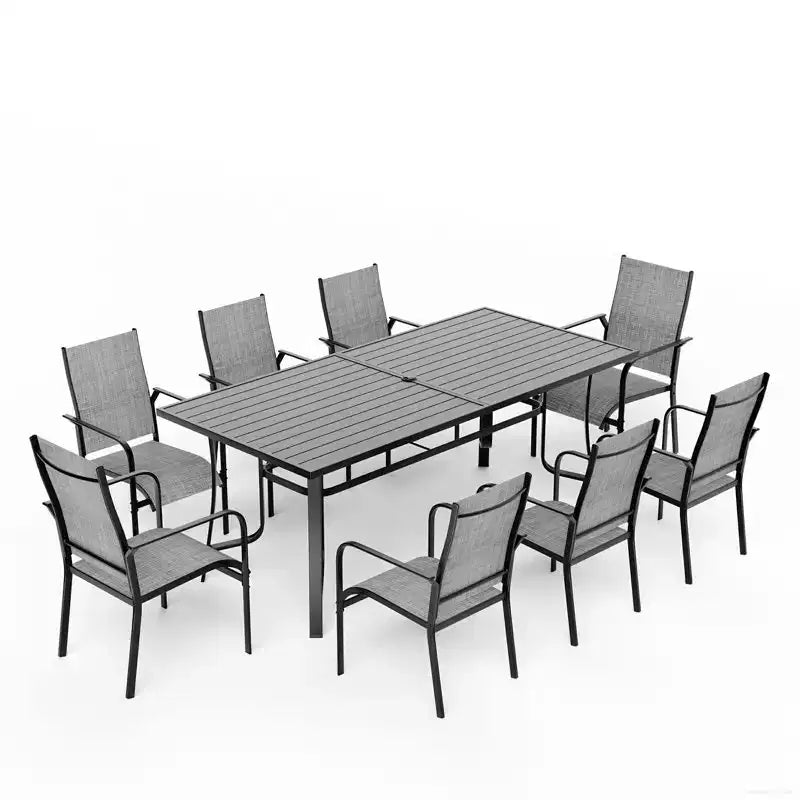 EROMMY Salon de Jardin 9 Pièces, Ensemble Table et Chaises d'Extérieur pour 8 Personnes, 8 Chaises en Textilène, 1 Table Rectangulaire en Fer avec Trou de Parasol Réglable