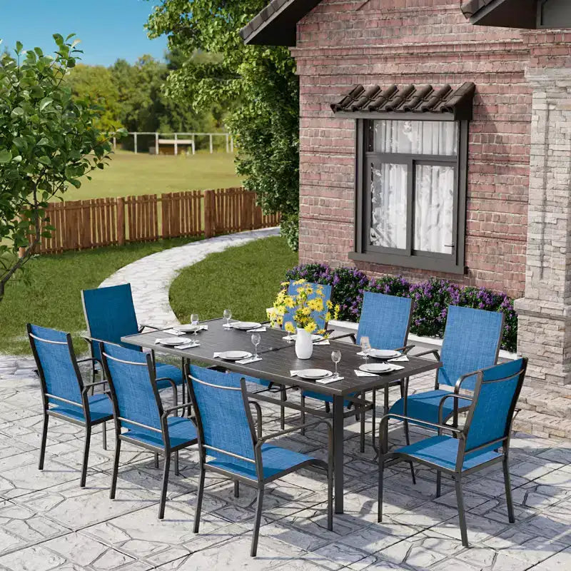 EROMMY Salon de Jardin 9 Pièces, Ensemble Table et Chaises d'Extérieur pour 8 Personnes, 8 Chaises en Textilène, 1 Table Rectangulaire en Fer avec Trou de Parasol Réglable