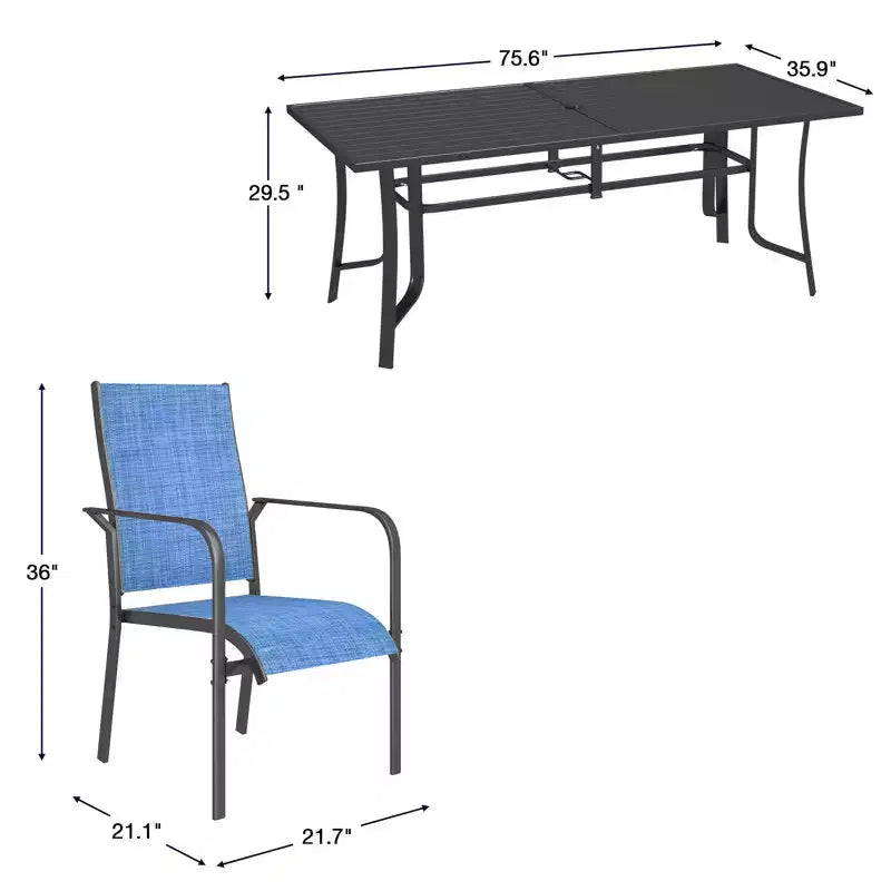 EROMMY Salon de Jardin 9 Pièces, Ensemble Table et Chaises d'Extérieur pour 8 Personnes, 8 Chaises en Textilène, 1 Table Rectangulaire en Fer avec Trou de Parasol Réglable