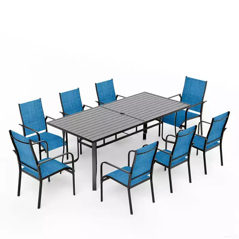 EROMMY Salon de Jardin 9 Pièces, Ensemble Table et Chaises d'Extérieur pour 8 Personnes, 8 Chaises en Textilène, 1 Table Rectangulaire en Fer avec Trou de Parasol Réglable