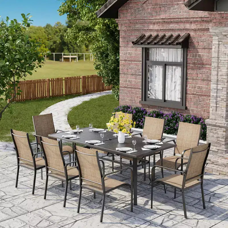 EROMMY Salon de Jardin 9 Pièces, Ensemble Table et Chaises d'Extérieur pour 8 Personnes, 8 Chaises en Textilène, 1 Table Rectangulaire en Fer avec Trou de Parasol Réglable