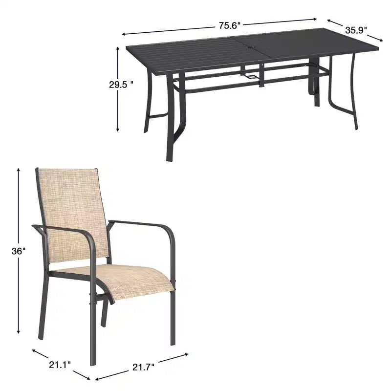 EROMMY Salon de Jardin 9 Pièces, Ensemble Table et Chaises d'Extérieur pour 8 Personnes, 8 Chaises en Textilène, 1 Table Rectangulaire en Fer avec Trou de Parasol Réglable