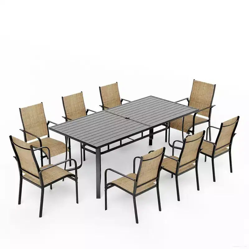 EROMMY Salon de Jardin 9 Pièces, Ensemble Table et Chaises d'Extérieur pour 8 Personnes, 8 Chaises en Textilène, 1 Table Rectangulaire en Fer avec Trou de Parasol Réglable