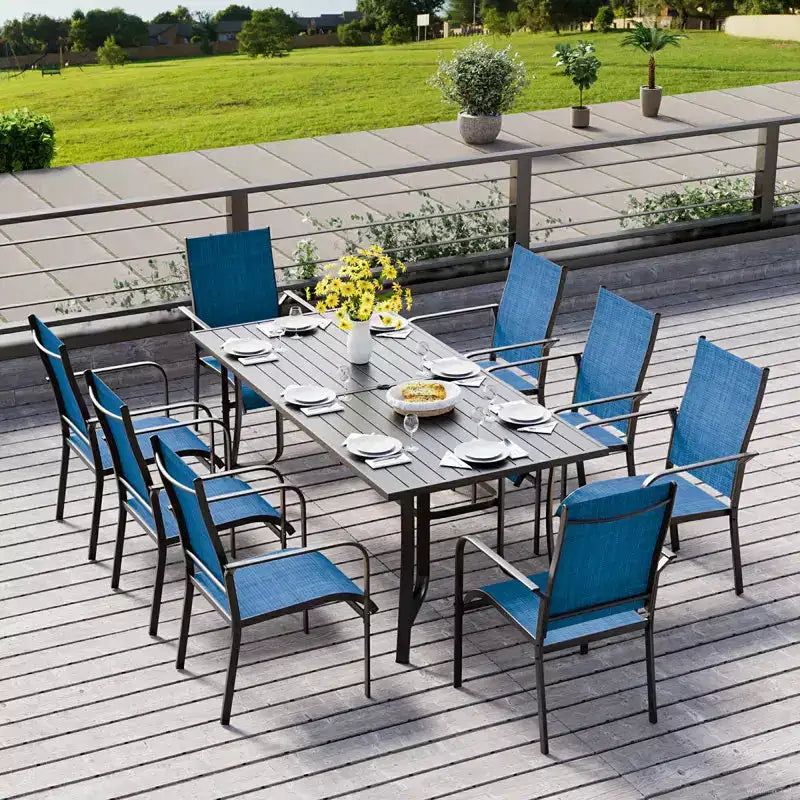 EROMMY Salon de Jardin 9 Pièces, Ensemble Table et Chaises d'Extérieur pour 8 Personnes, 8 Chaises en Textilène, 1 Table Rectangulaire en Fer avec Trou de Parasol Réglable