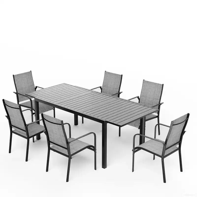 EROMMY Ensemble de salle à manger 7 pièces avec table extensible, ensemble de table et chaises de salle à manger d'extérieur pour 4 à 8 personnes, 6 chaises en textilène, 1 table de salle à manger extensible en fer