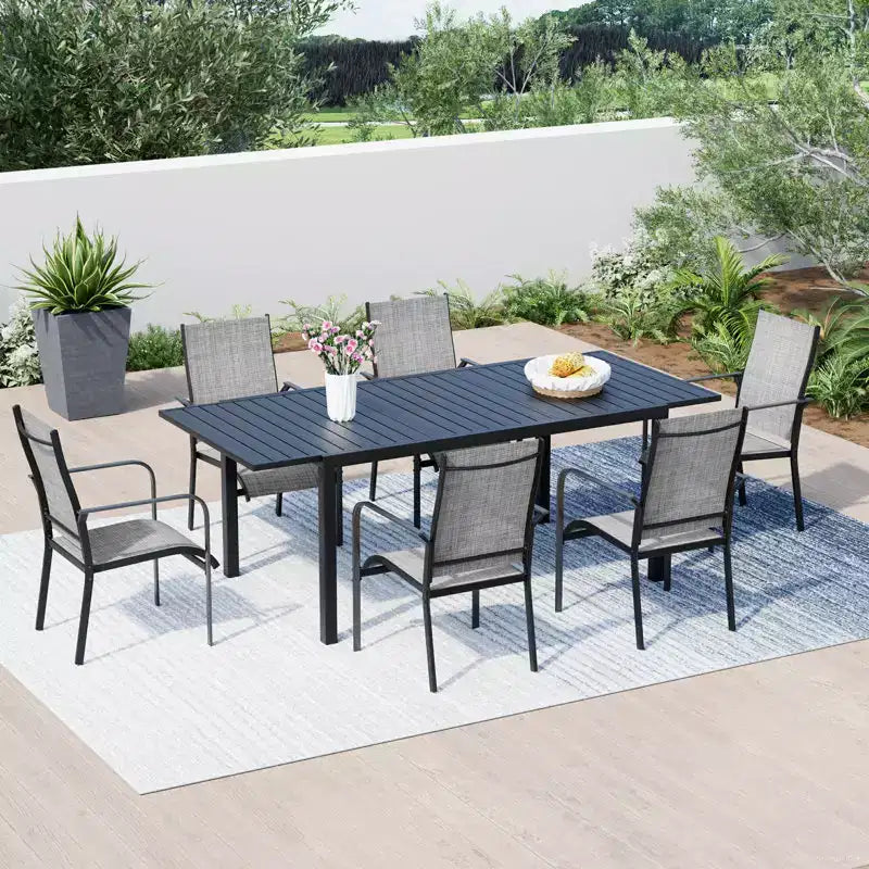 EROMMY Ensemble de salle à manger 7 pièces avec table extensible, ensemble de table et chaises de salle à manger d'extérieur pour 4 à 8 personnes, 6 chaises en textilène, 1 table de salle à manger extensible en fer