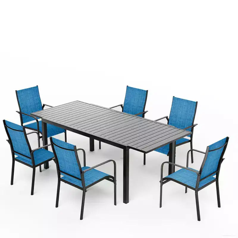 EROMMY Ensemble de salle à manger 7 pièces avec table extensible, ensemble de table et chaises de salle à manger d'extérieur pour 4 à 8 personnes, 6 chaises en textilène, 1 table de salle à manger extensible en fer