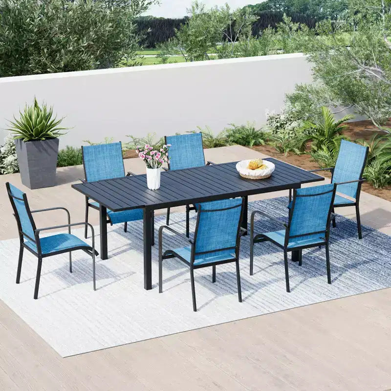 EROMMY Ensemble de salle à manger 7 pièces avec table extensible, ensemble de table et chaises de salle à manger d'extérieur pour 4 à 8 personnes, 6 chaises en textilène, 1 table de salle à manger extensible en fer