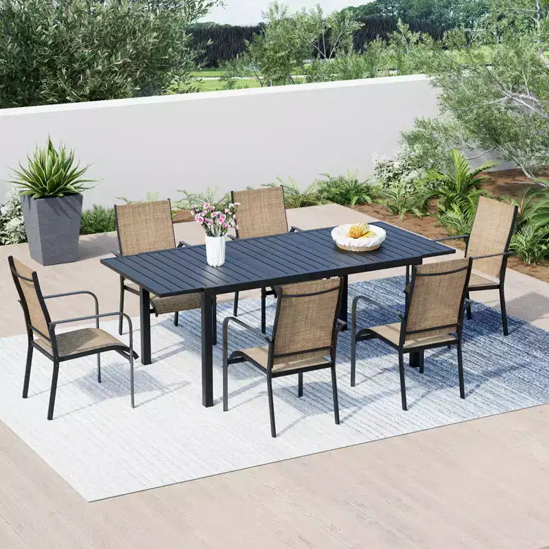 EROMMY Ensemble de salle à manger 7 pièces avec table extensible, ensemble de table et chaises de salle à manger d'extérieur pour 4 à 8 personnes, 6 chaises en textilène, 1 table de salle à manger extensible en fer